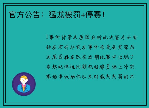 官方公告：猛龙被罚+停赛！